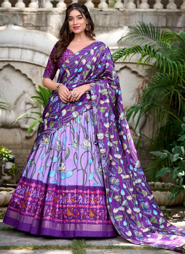 Tussar Silk Lavender Traditional Wear Printed Lehenga Choli